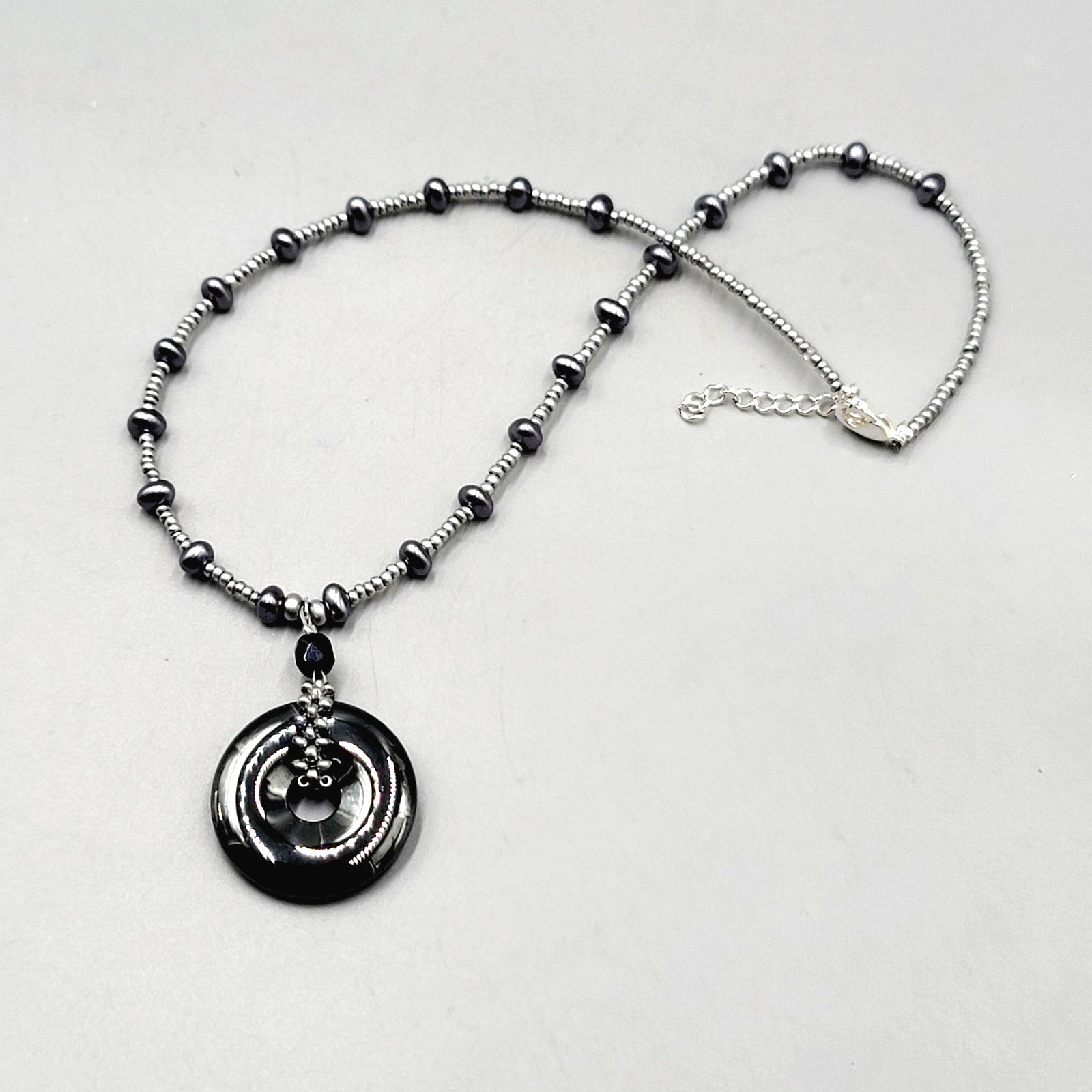Black Hematite Beaded Necklace Silver Tone Circle Pendant Adjustable 18 Inch