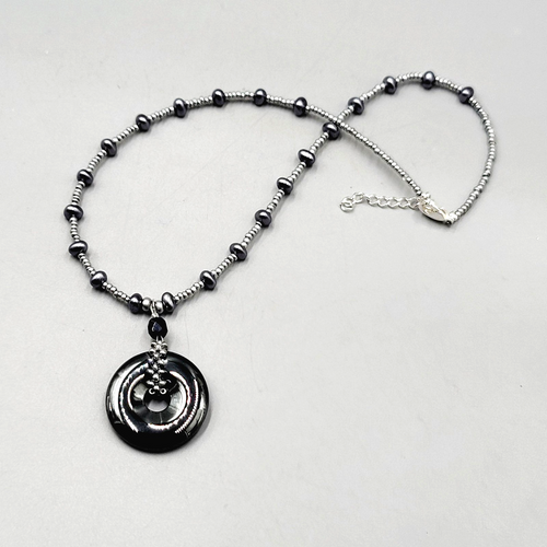 Black Hematite Beaded Necklace Silver Tone Circle Pendant Adjustable 18 Inch