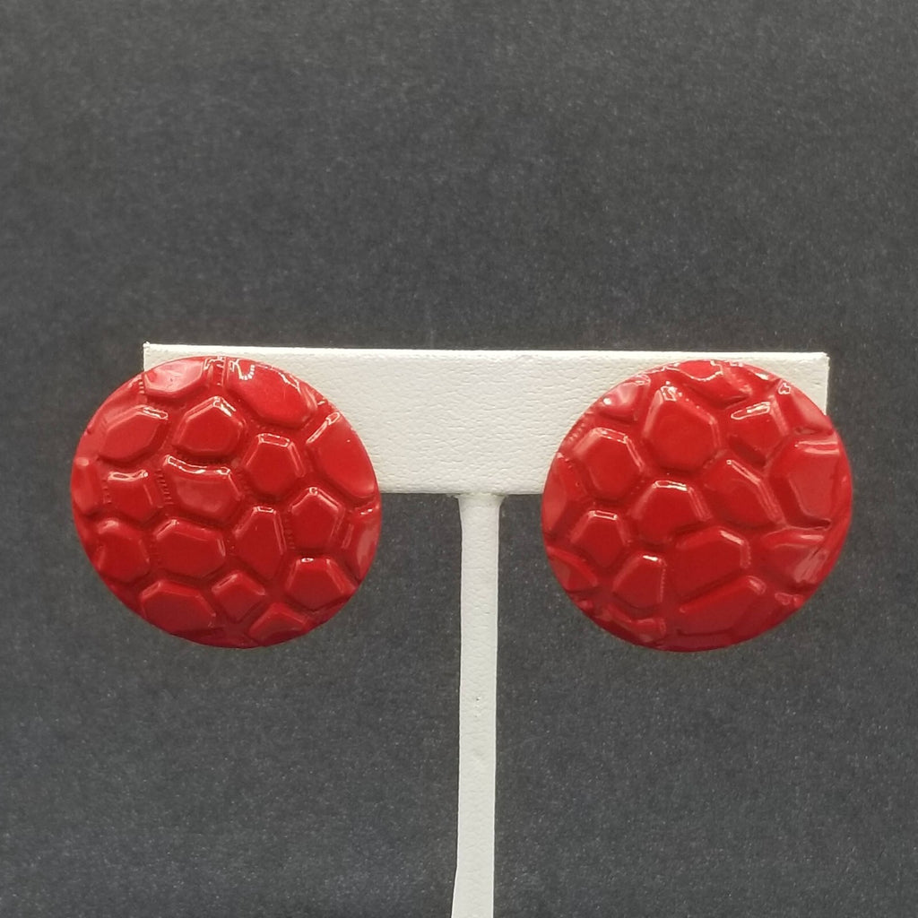 Vintage 1980's Pierced Earrings Red Enamel Textured Dome Drop 1 1/4"