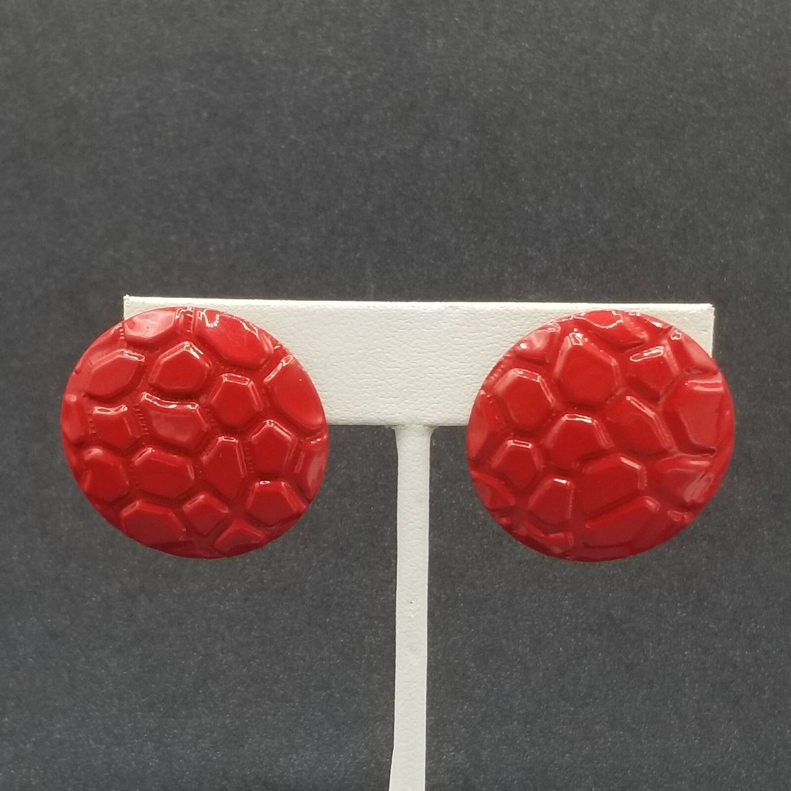 Vintage 1980's Pierced Earrings Red Enamel Textured Dome Drop 1 1/4"