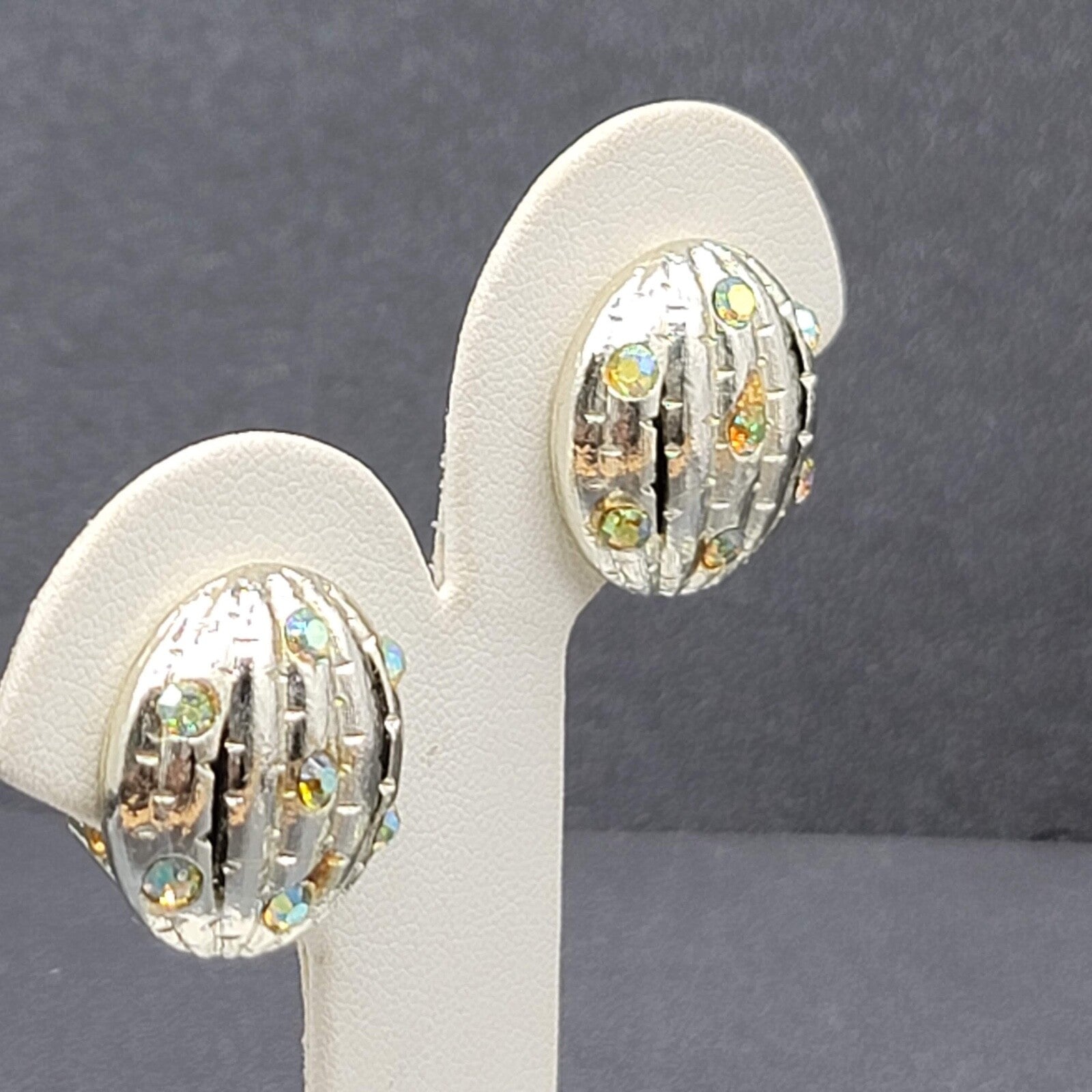 Vintage Flower Brooch Clip on Earrings Set Silver tone AB Rhinestone
