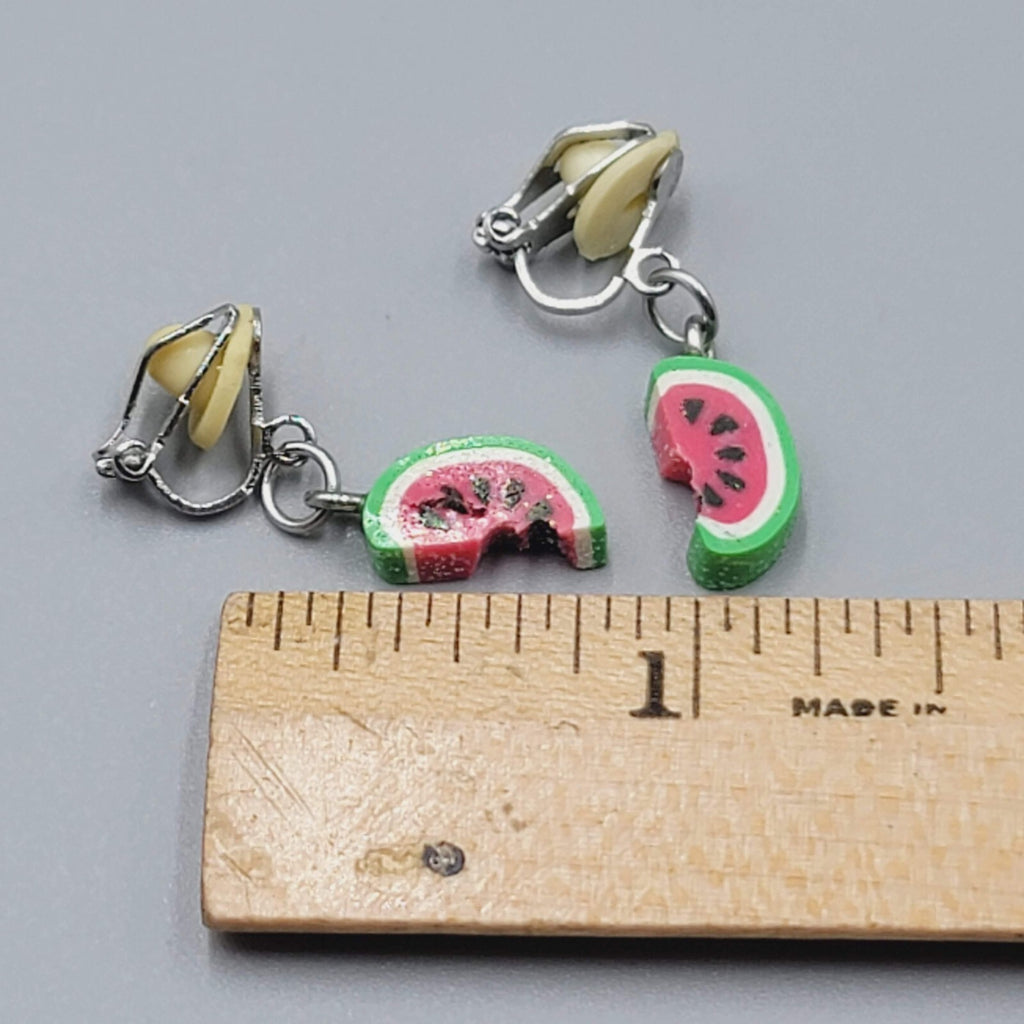 Watermelon Dangle Clip on Earrings Silver tone Cute 3/4"
