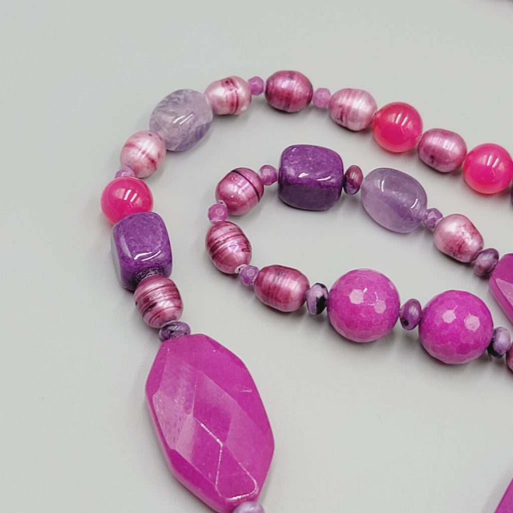 Purple Gemstone Bead Necklace Pearl Amethyst 30"