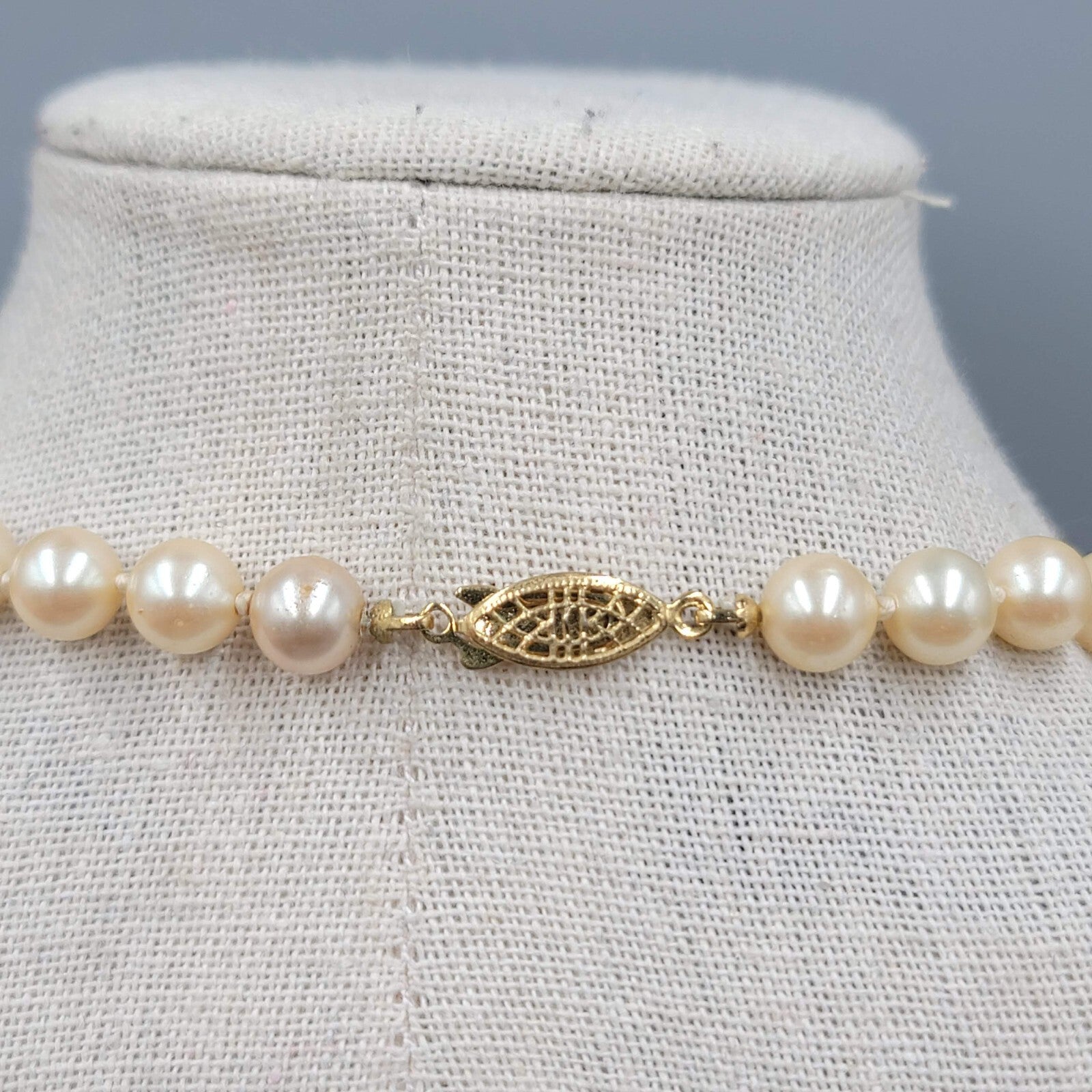 Vtg Glass Bead Necklace Imitation Pearl Hand Knotted Gold tone Filigree Clasp 8"