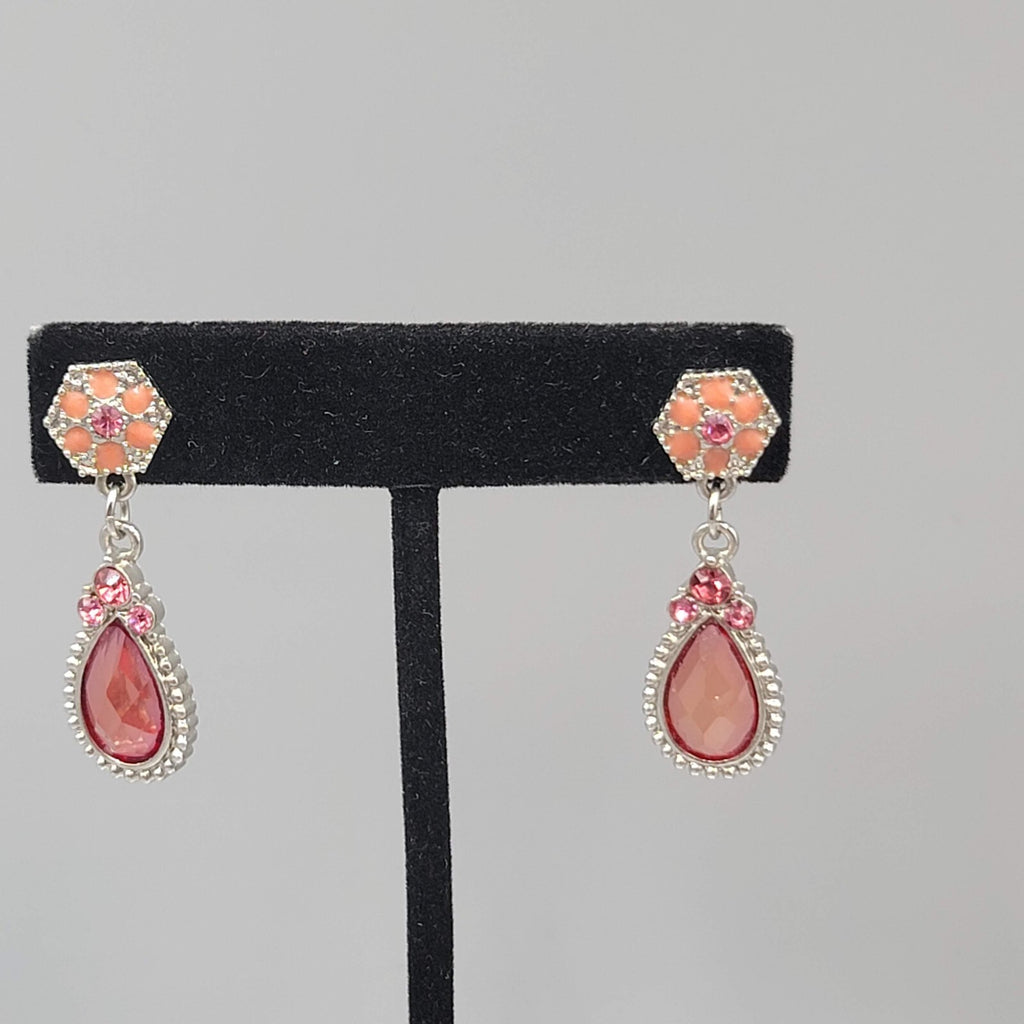 Pierced Earrings Gold tone Pink Rhinestone Teardrop Dangle 1.5"