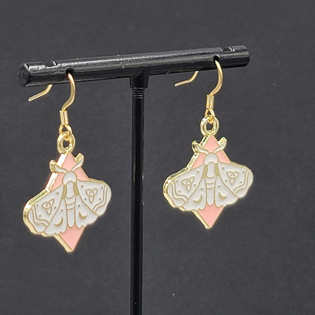 White Moth Pink Enamel Pierced Earrings Gold tone Dangle Butterfly 1"