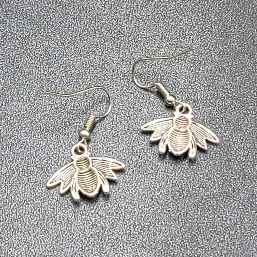 Bee Pierced Earrings Silver tone Dangle Embossed 5/8"