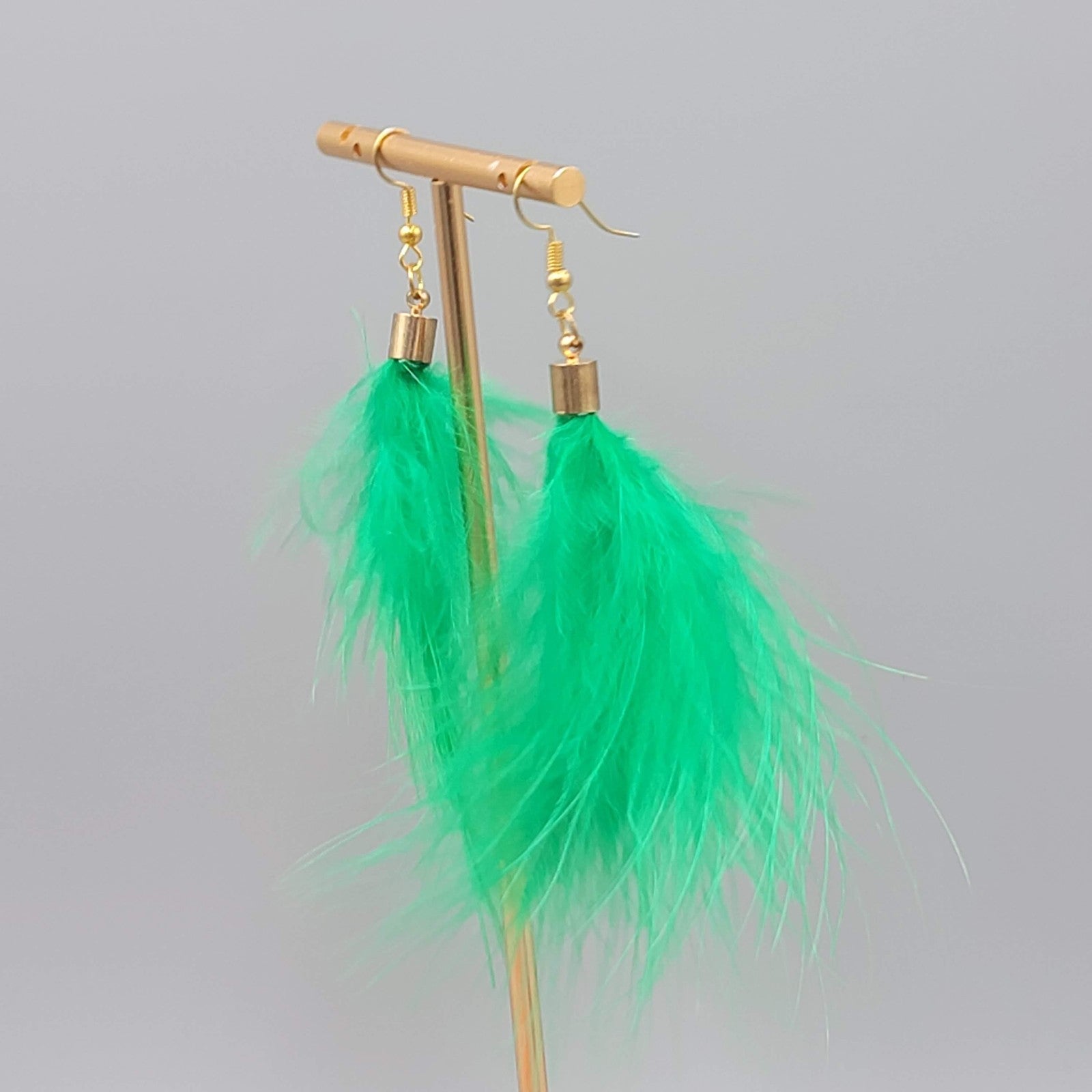Real Bright Green Feather Pierced Earrings Large Statement Dangle 3.5 in