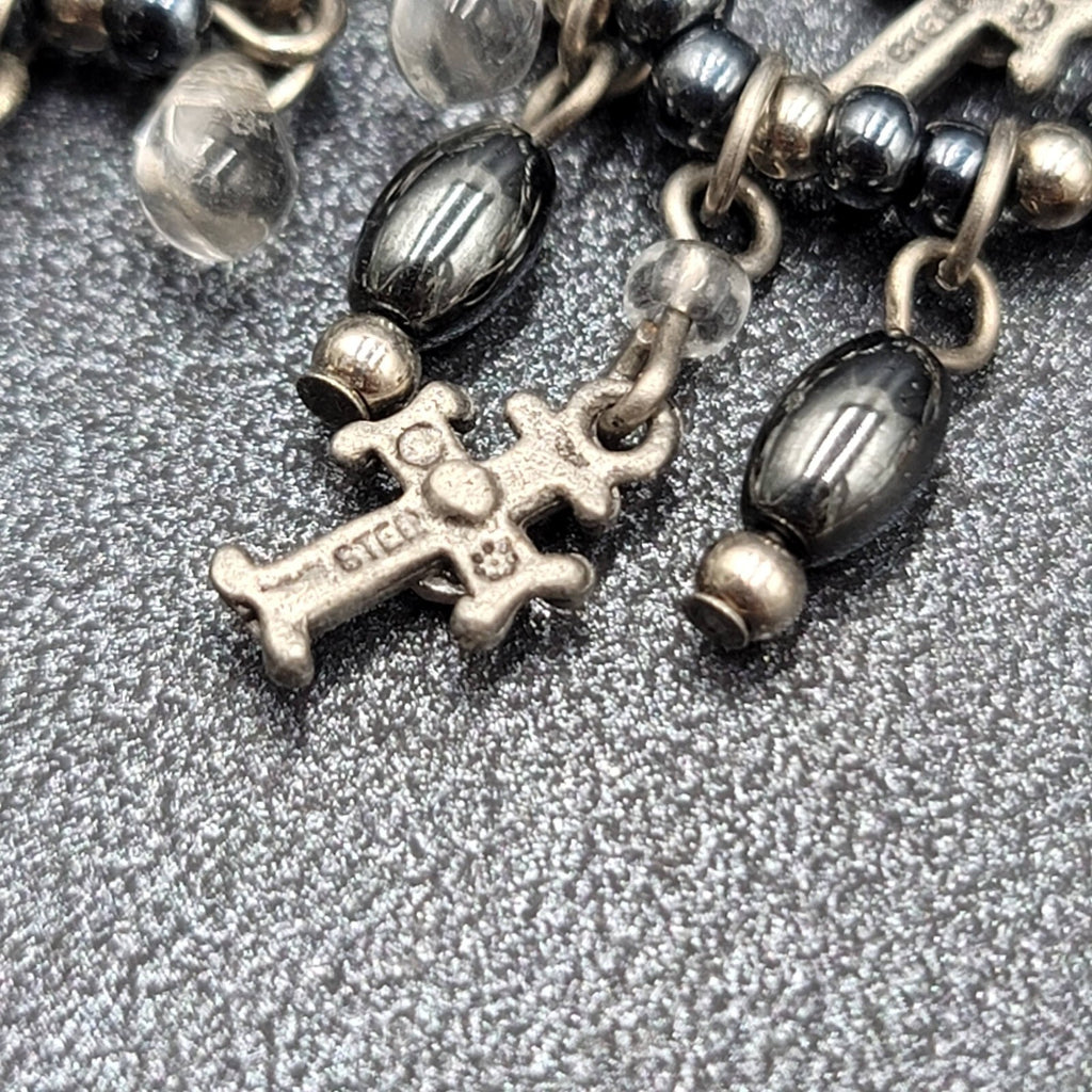 Pierced Earrings Silver tone Black Hematite AB Cross Chandelier Beads 1.75"