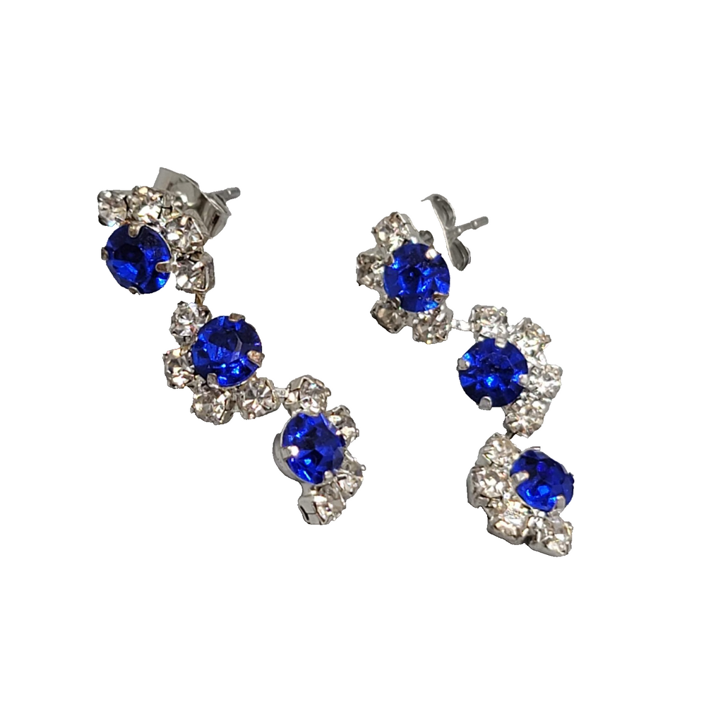 Blue Rhinestone Dangle Pierced Earrings Silver tone 1 1/8"