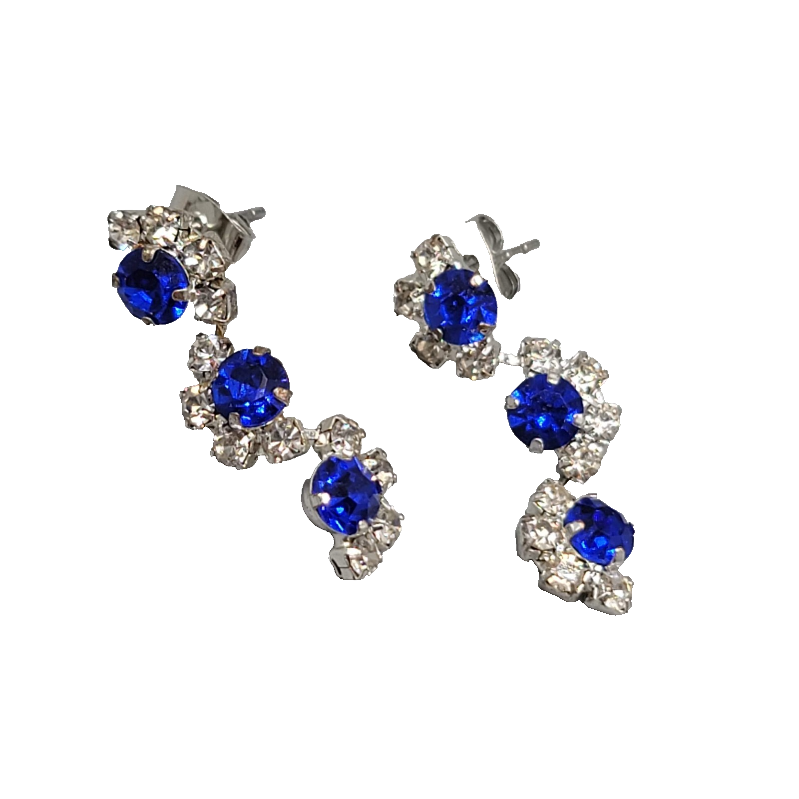 Blue Rhinestone Dangle Pierced Earrings Silver tone 1 1/8"