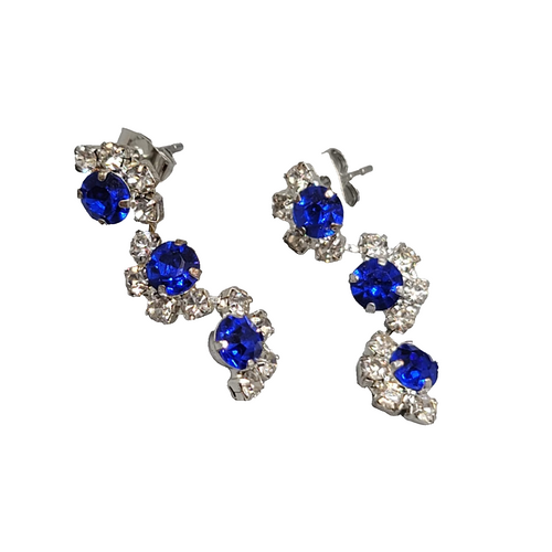 Blue Rhinestone Dangle Pierced Earrings Silver tone 1 1/8"