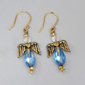 Angel Pierced Earrings Gold Tone Blue Glass Beads Dangle Hook 1.5"