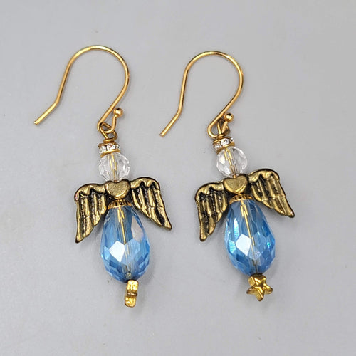 Angel Pierced Earrings Gold Tone Blue Glass Beads Dangle Hook 1.5"