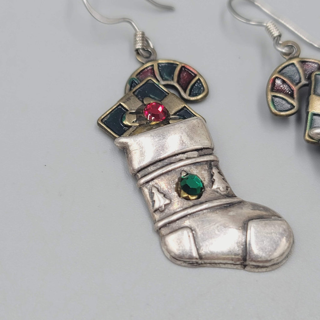 Vintage Christmas Stocking Pierced Earrings Enamel Silver tone Dangle 1 3/8"