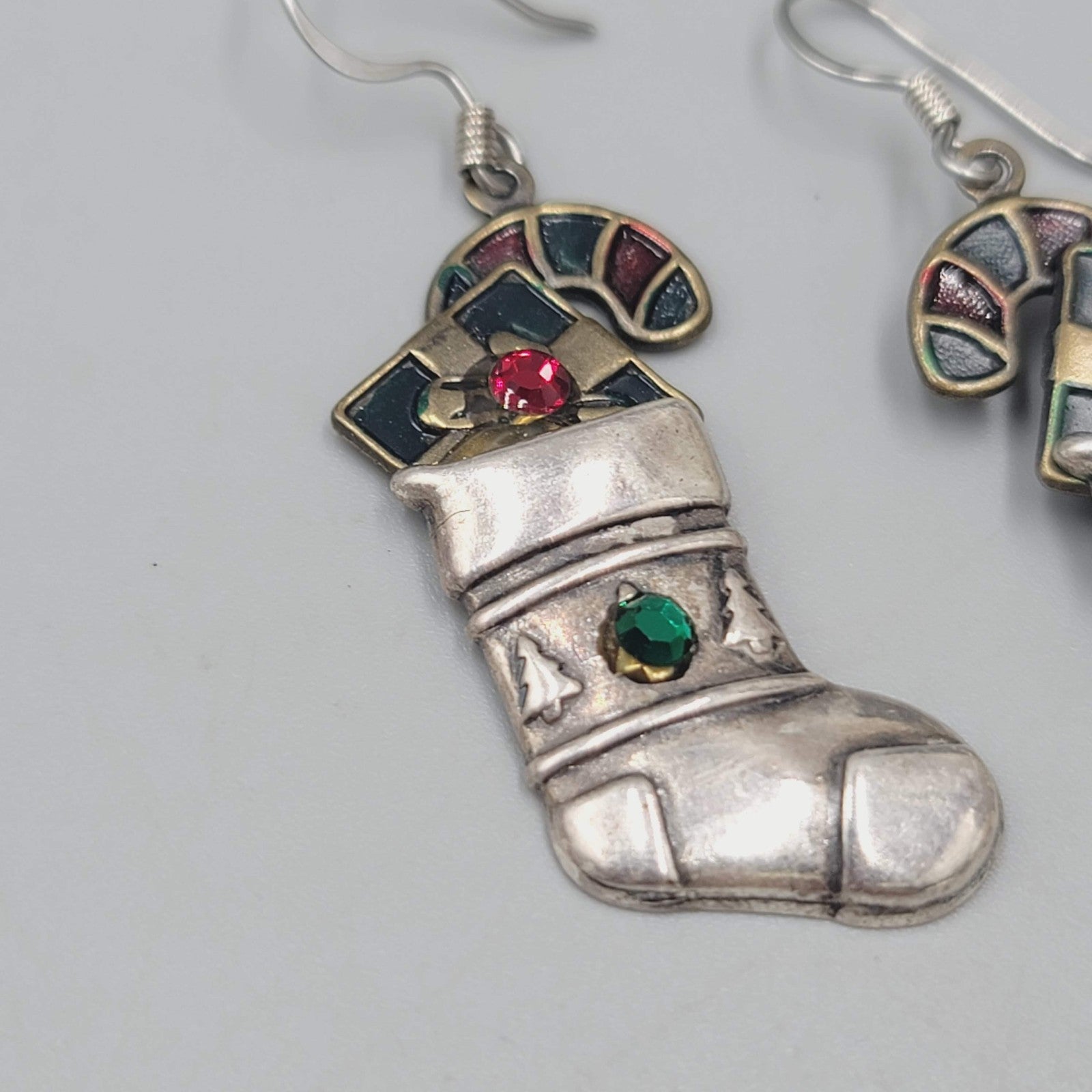 Vintage Christmas Stocking Pierced Earrings Enamel Silver tone Dangle 1 3/8"