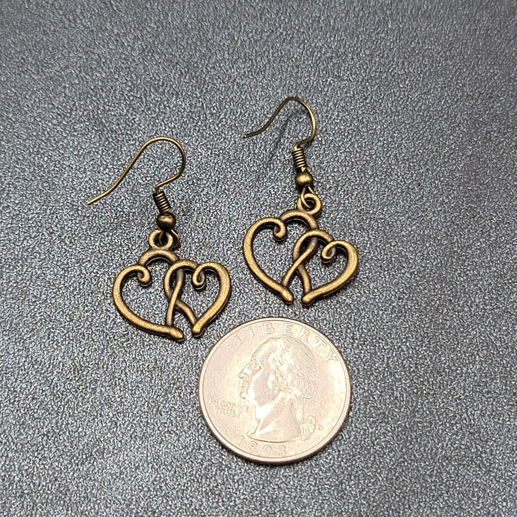 New Double Open Hearts Pierced Earrings Bronze tone Dangle 3/4"