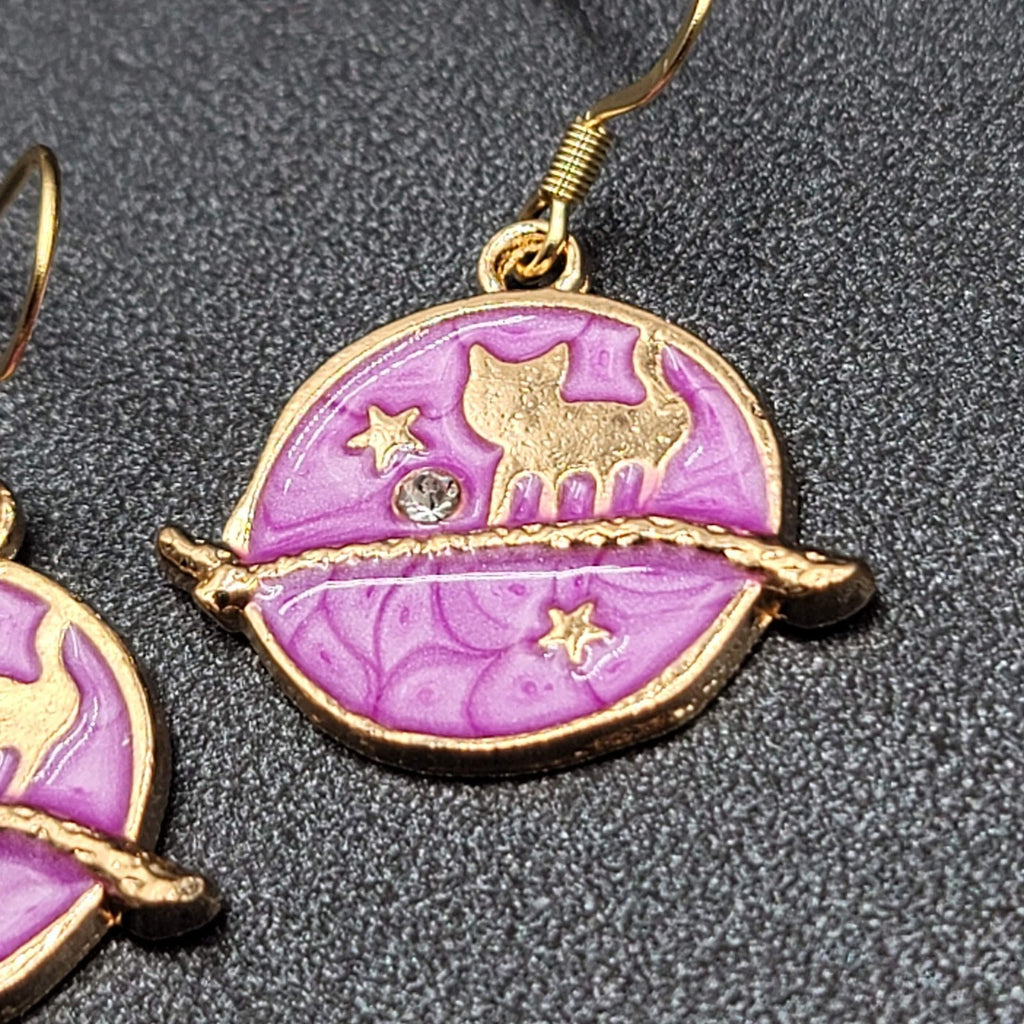 New Cat Pierced Earrings Gold tone Purple Enamel Moon Crystal Dangle 7/8"
