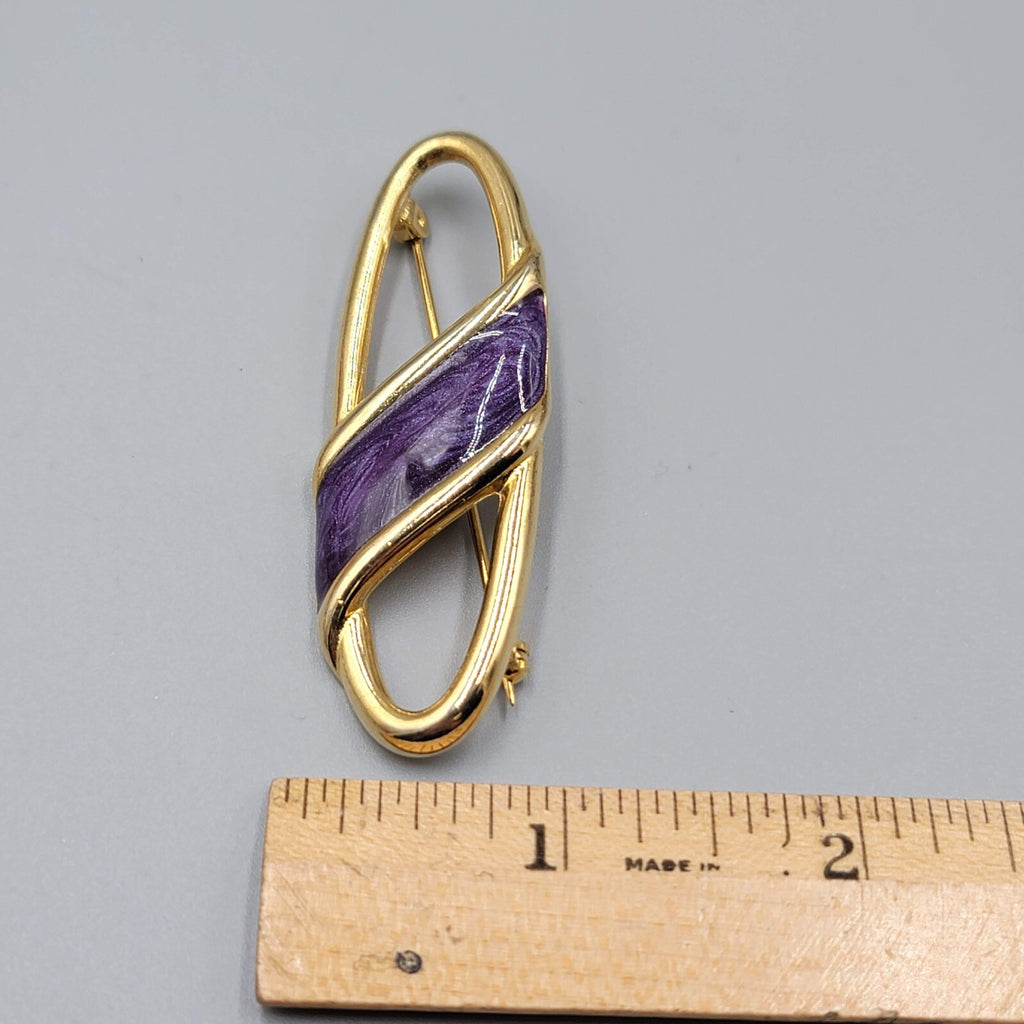 Vintage Purple Enamel Gold-Tone Brooch Open Oval Design 2.5"