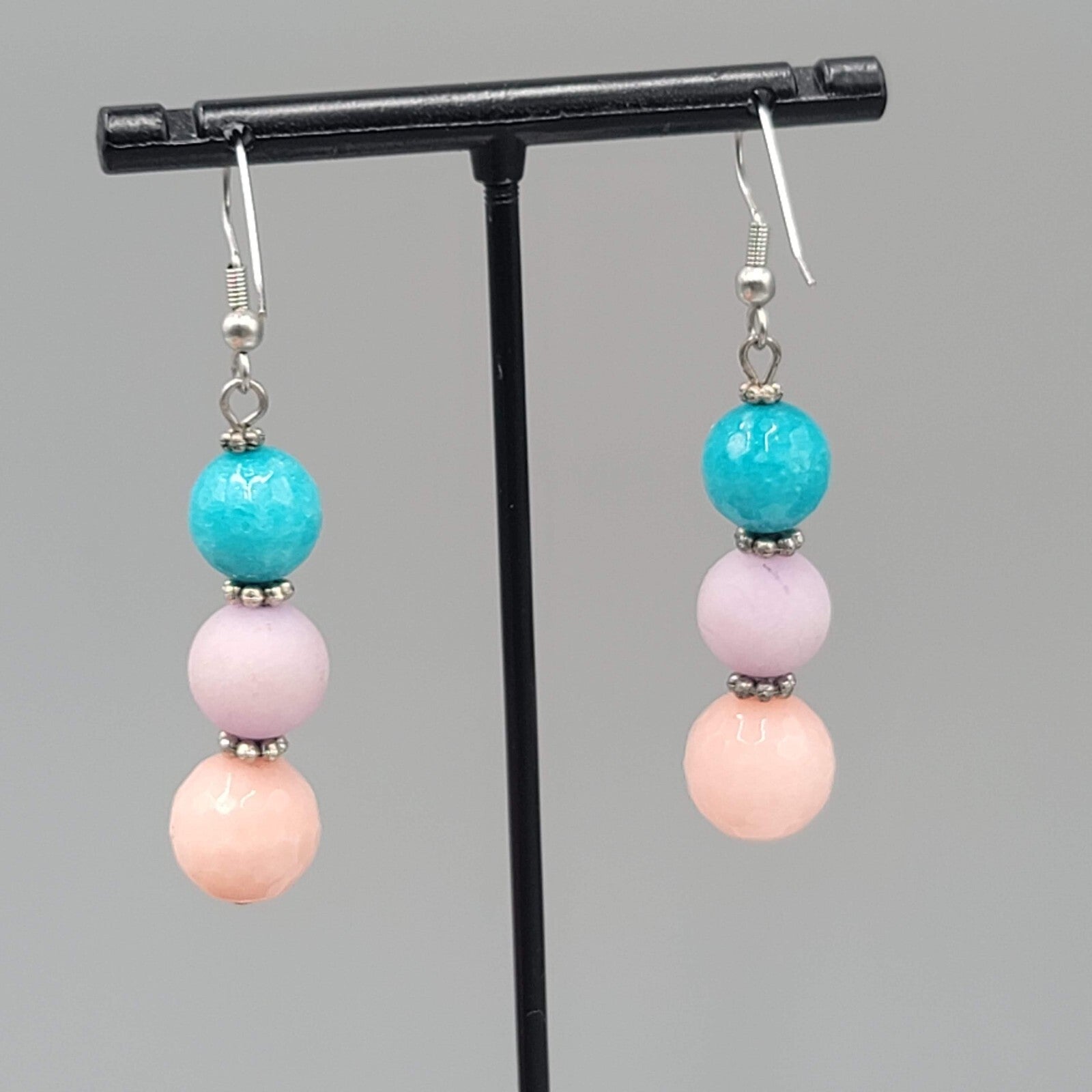Pink Purple Blue Glass Bead Pierced Earrings Silver tone Dangle 1.5"