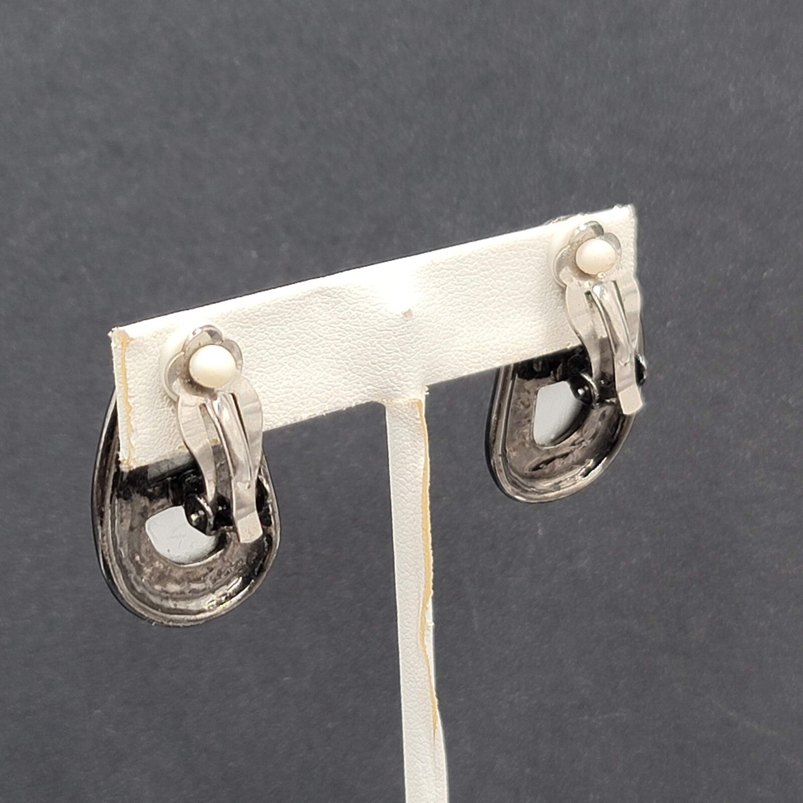 Vintage Clip on Earrings Black Metal Glass Stripes Drop 1 1/4"
