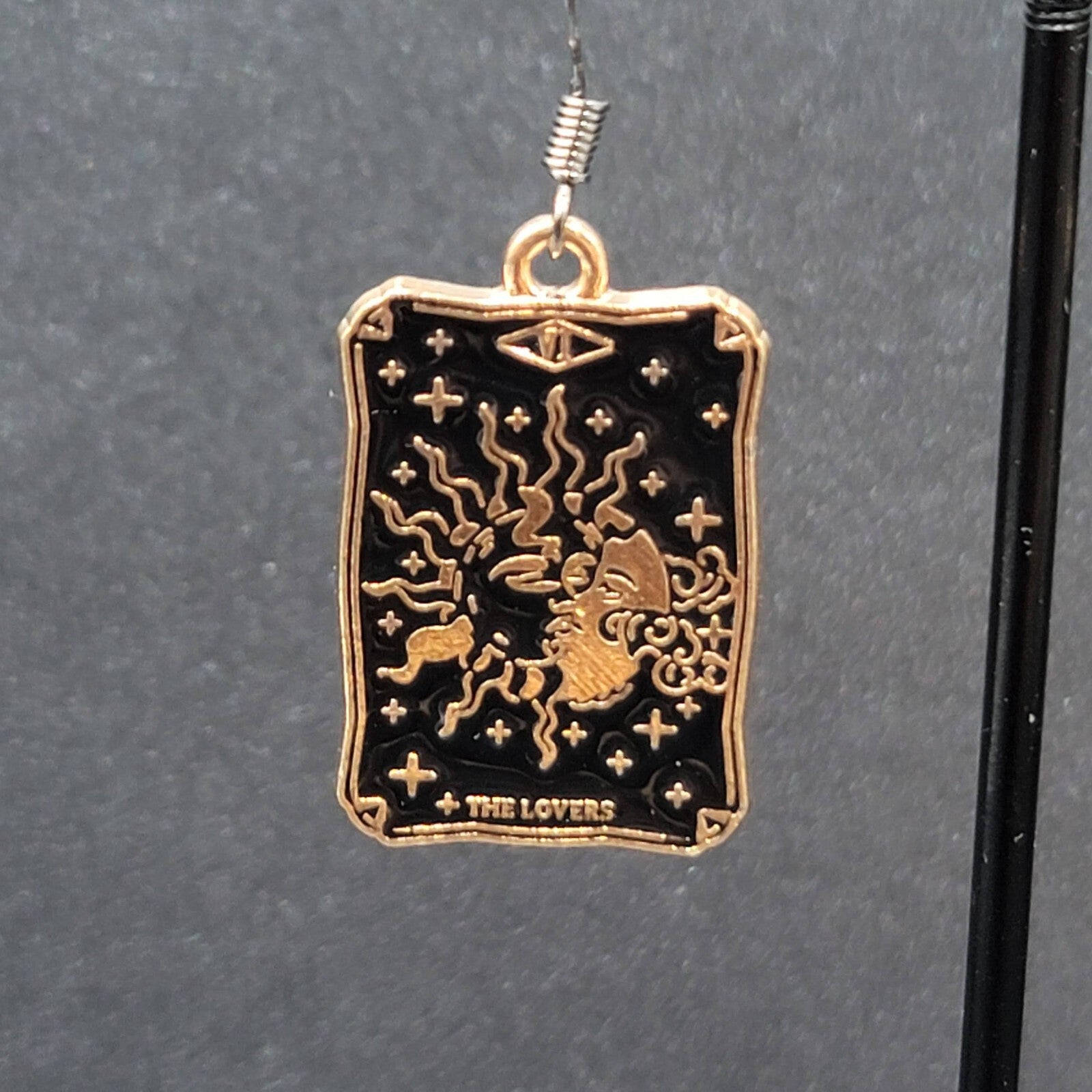 Tarot Card Pierced Earrings The LOVERS Sun and Moon Gold tone Black 1"