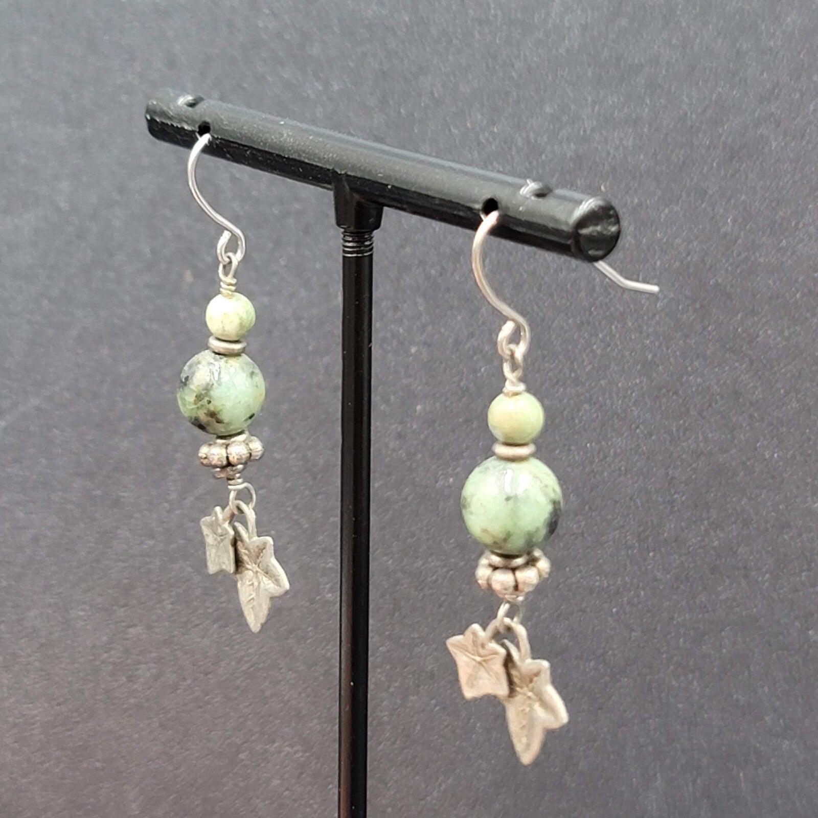Pierced Earrings Silver tone Green Stone Dangle Leaves 1 3/8"