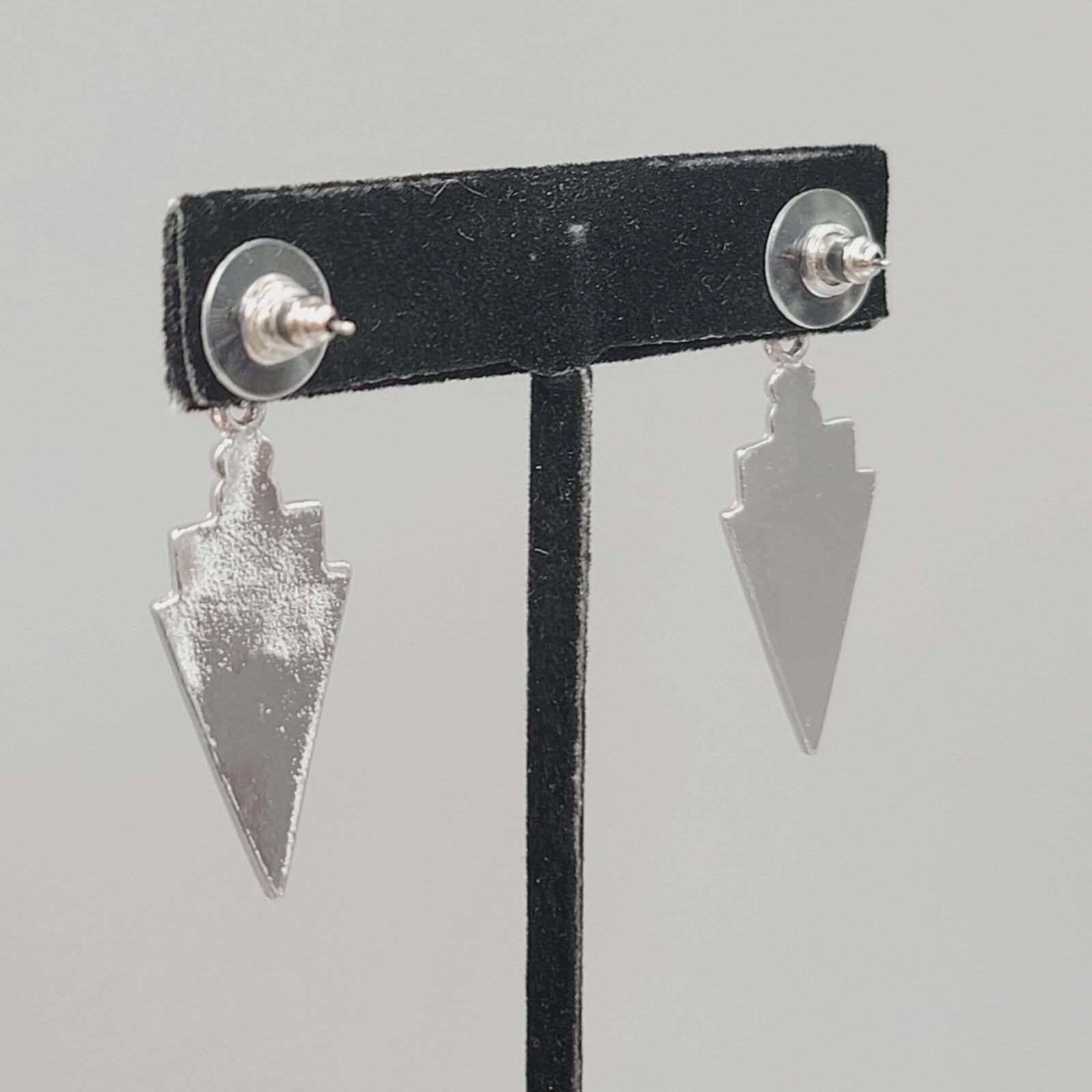 Pierced Earrings Faux Abalone Silver tone Triangle Dangle  1 3/8"