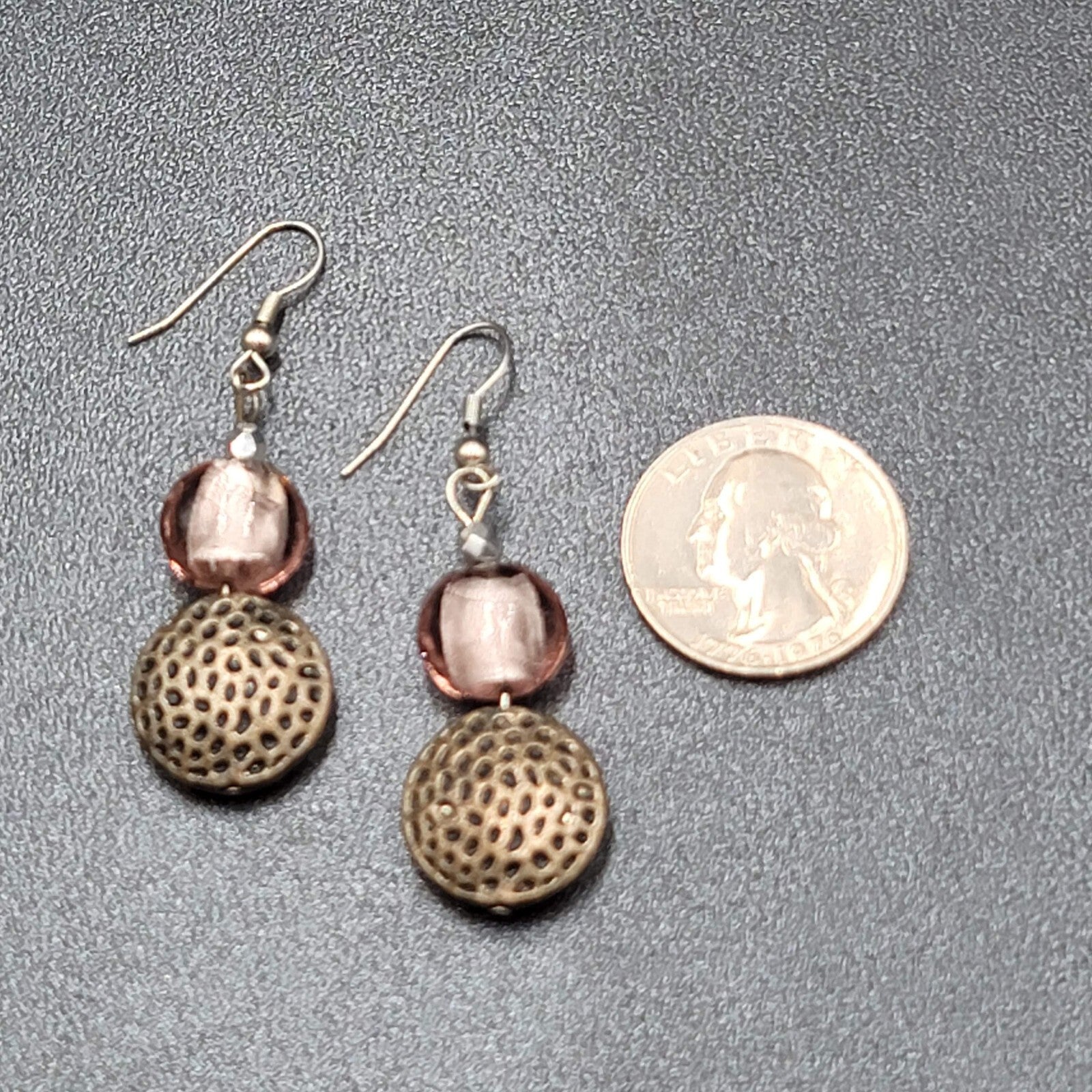 Pierced Earrings Silver tone Pink Glass Beaded Dangle 1.5"