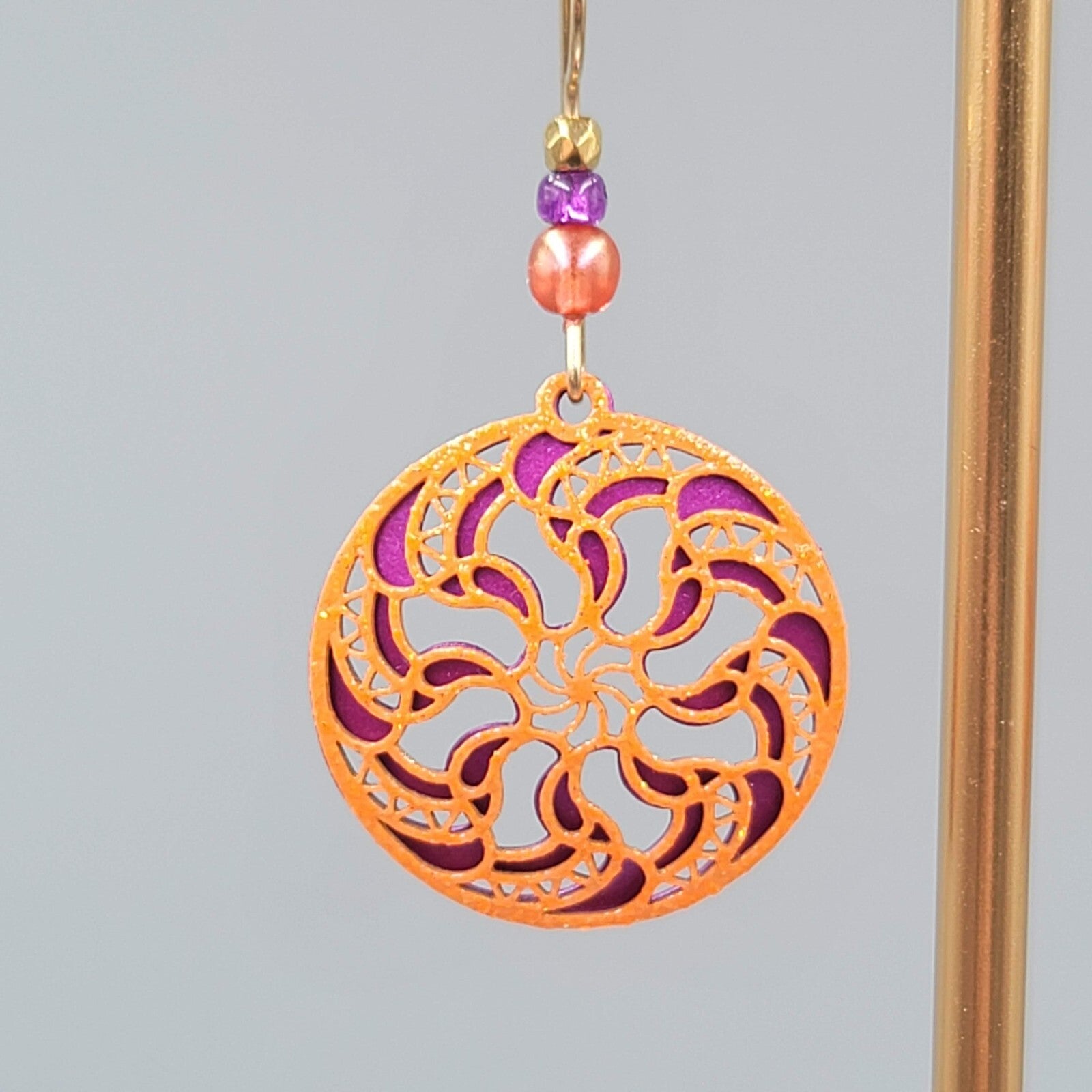 Laser Cut Metal Pierced Earrings Orange Purple Dangle 1"
