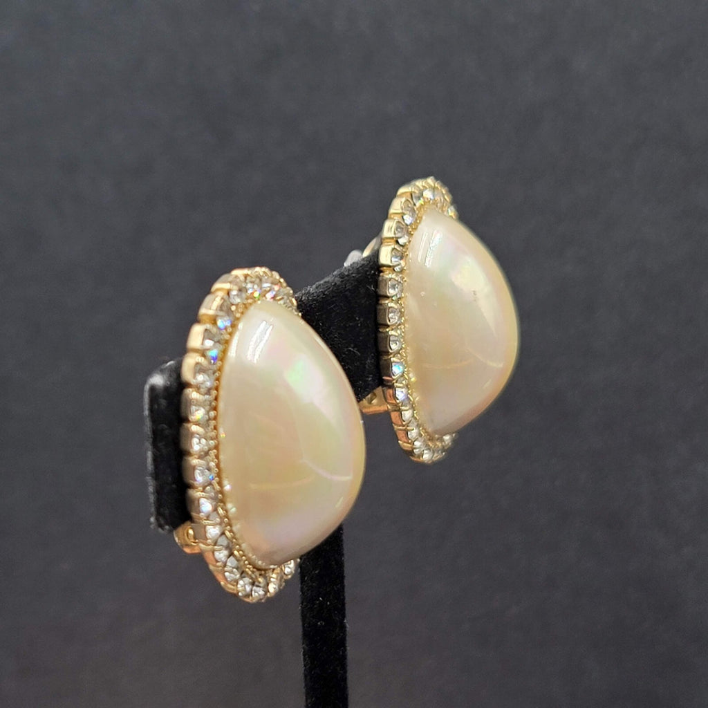 Vintage Clip on Earrings Statement AB Rhinestones Pearl White Cabochon 1 1/8"