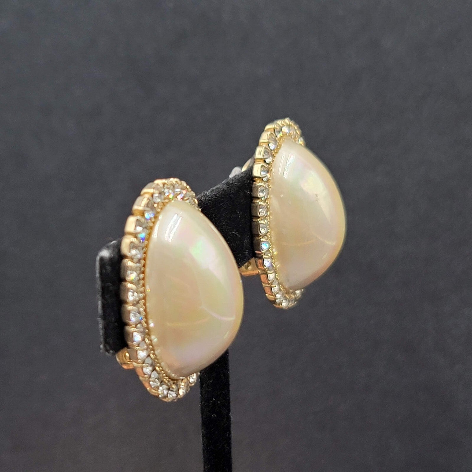 Vintage Clip on Earrings Statement AB Rhinestones Pearl White Cabochon 1 1/8"