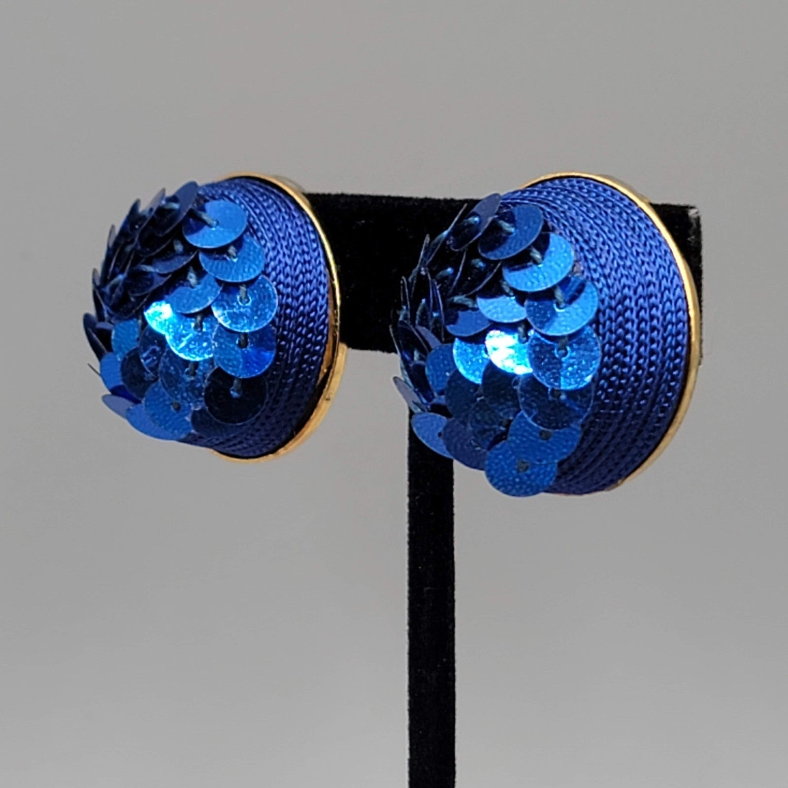 Vintage Blue Sequin Dome Clip on Earrings Gold tone 1 1/8"