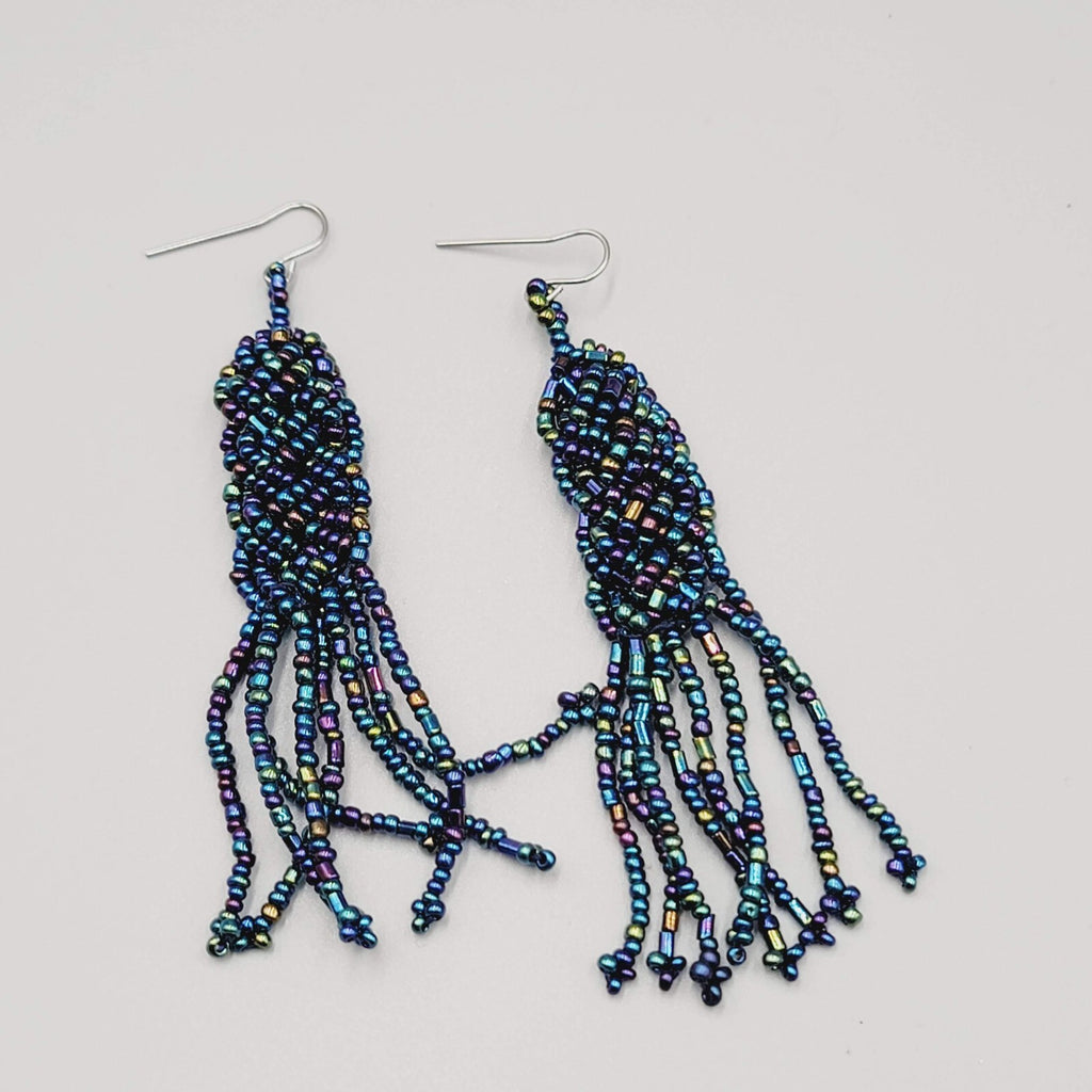Pierced Earrings AB Black Seed Bead Long Dangle 3"
