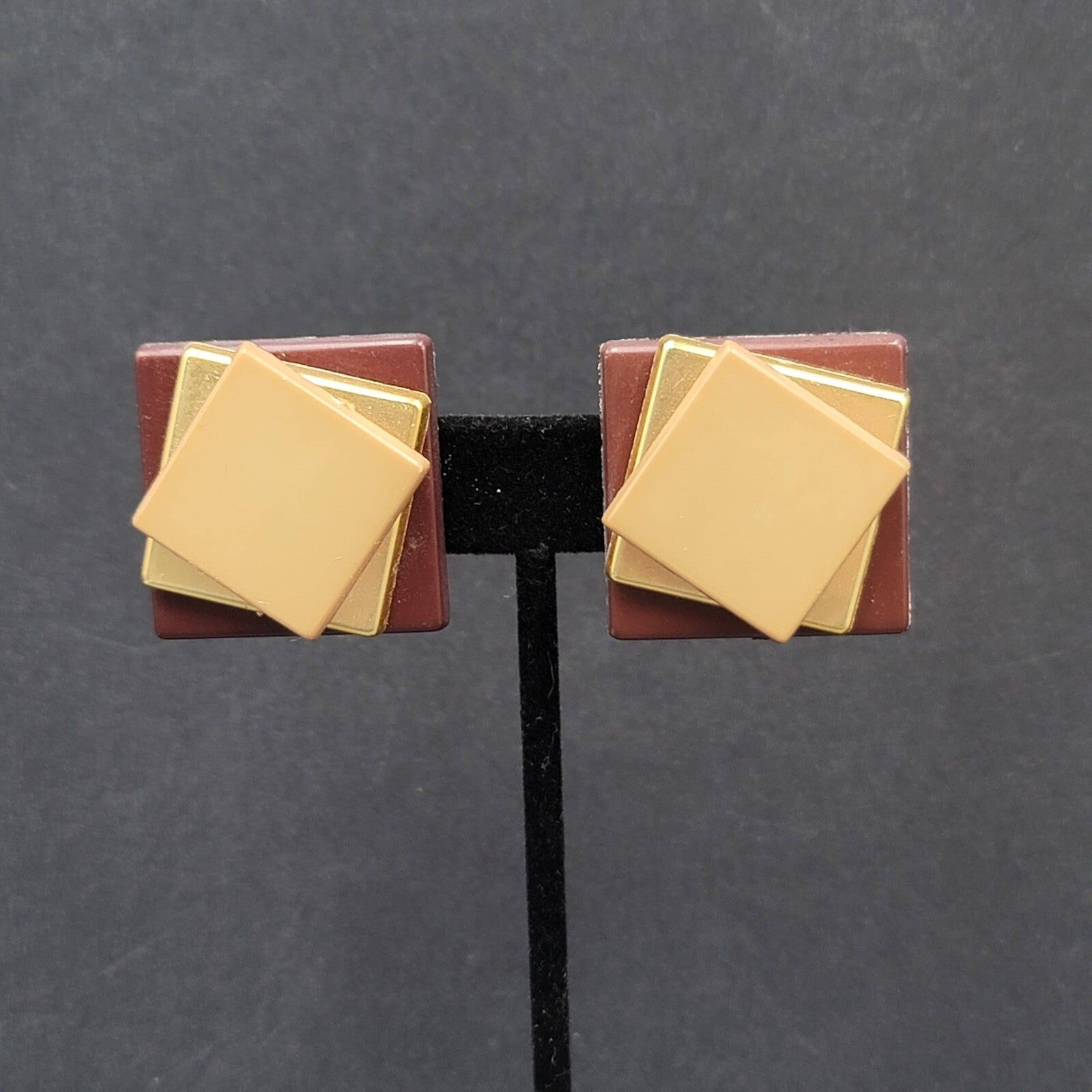 Vintage Clip on Earrings Plastic Layered Squares Brown Tan 1.25"