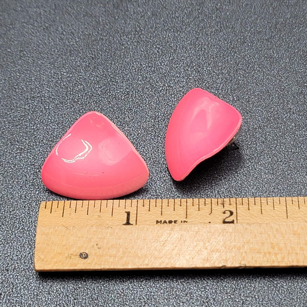 Vintage Pierced Earrings Pink Enamel Triangle Drop 1"