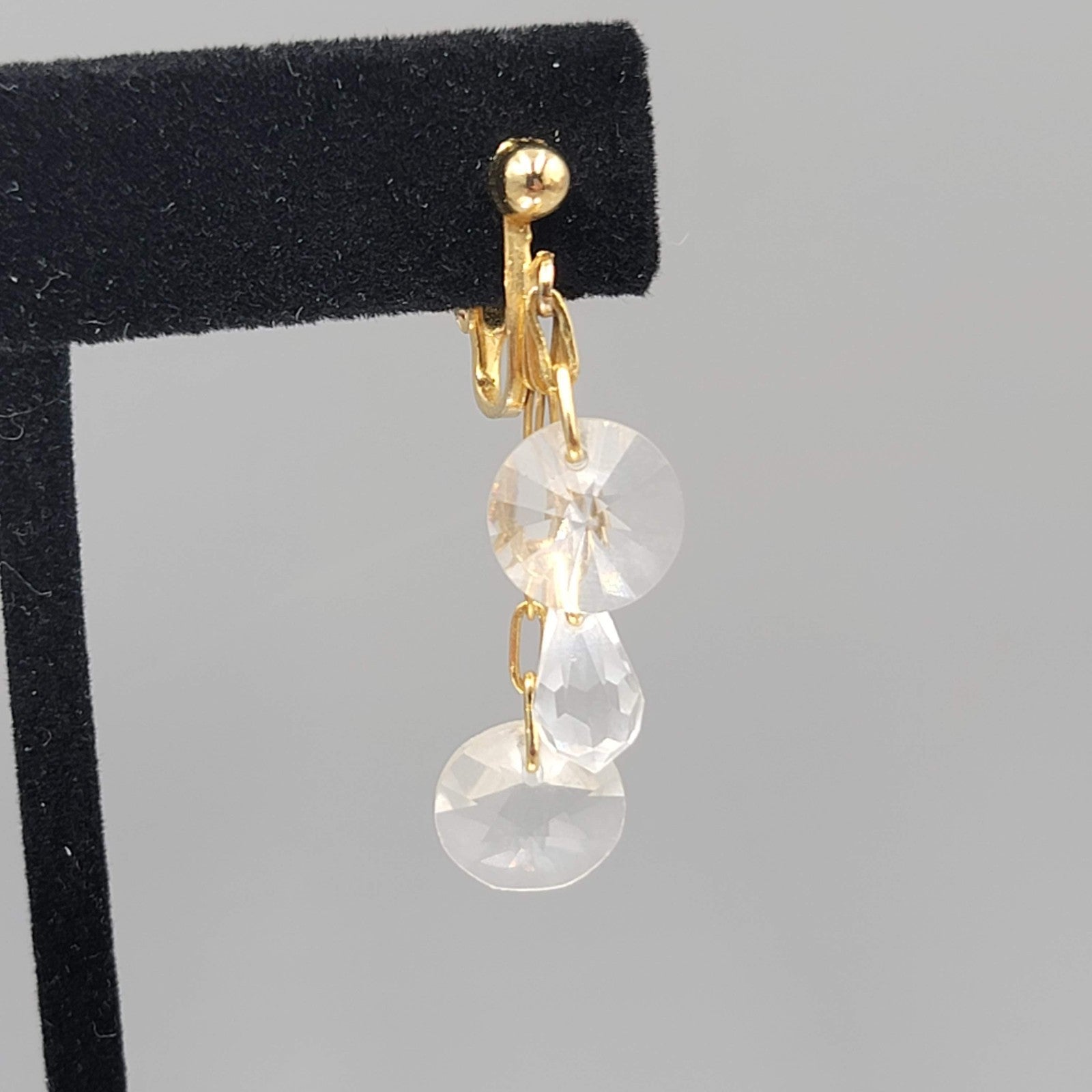 Vintage Clear Bead Clip on Earrings Gold tone Dangle 1.25 in