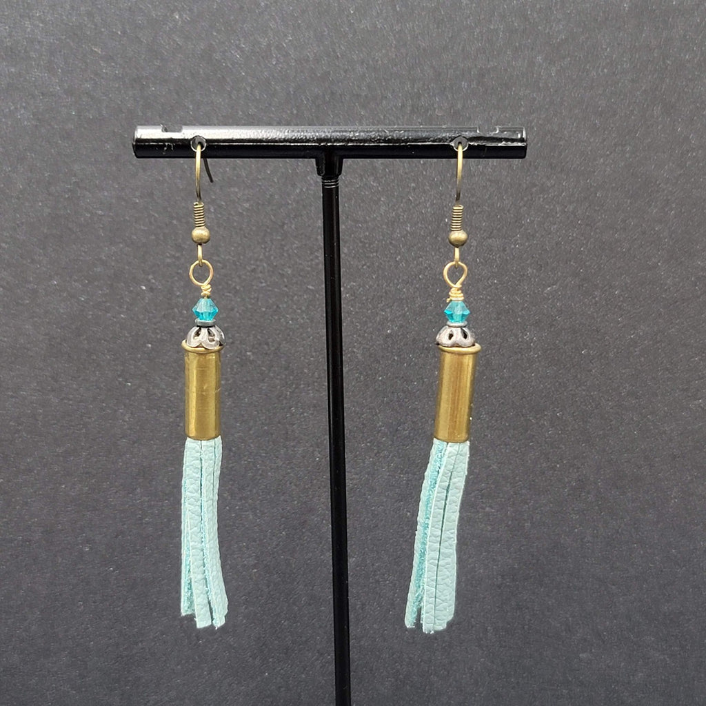 Pierced Earrings Bronze tone Blue Bead Tassel Dangle Boho 2.25"