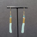 Pierced Earrings Bronze tone Blue Bead Tassel Dangle Boho 2.25"