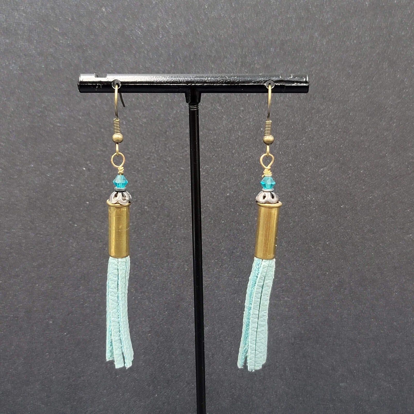 Pierced Earrings Bronze tone Blue Bead Tassel Dangle Boho 2.25"