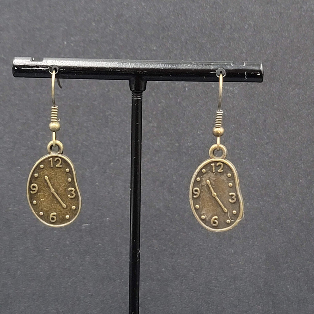 New Melting Clock Pierced Earrings Bronze tone Dangle 7/8"