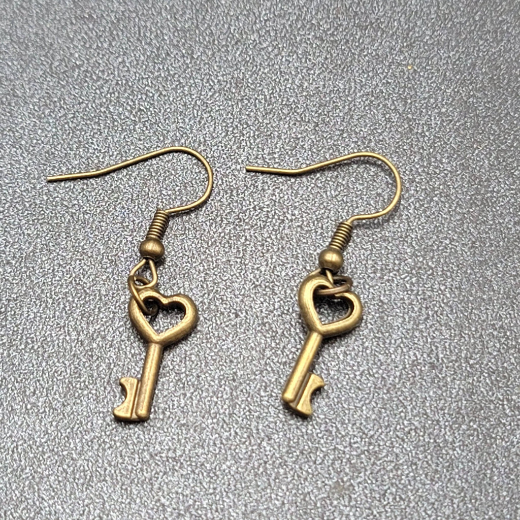 New Pierced Earrings Bronze tone Heart Skeleton Key Dangle 5/8"