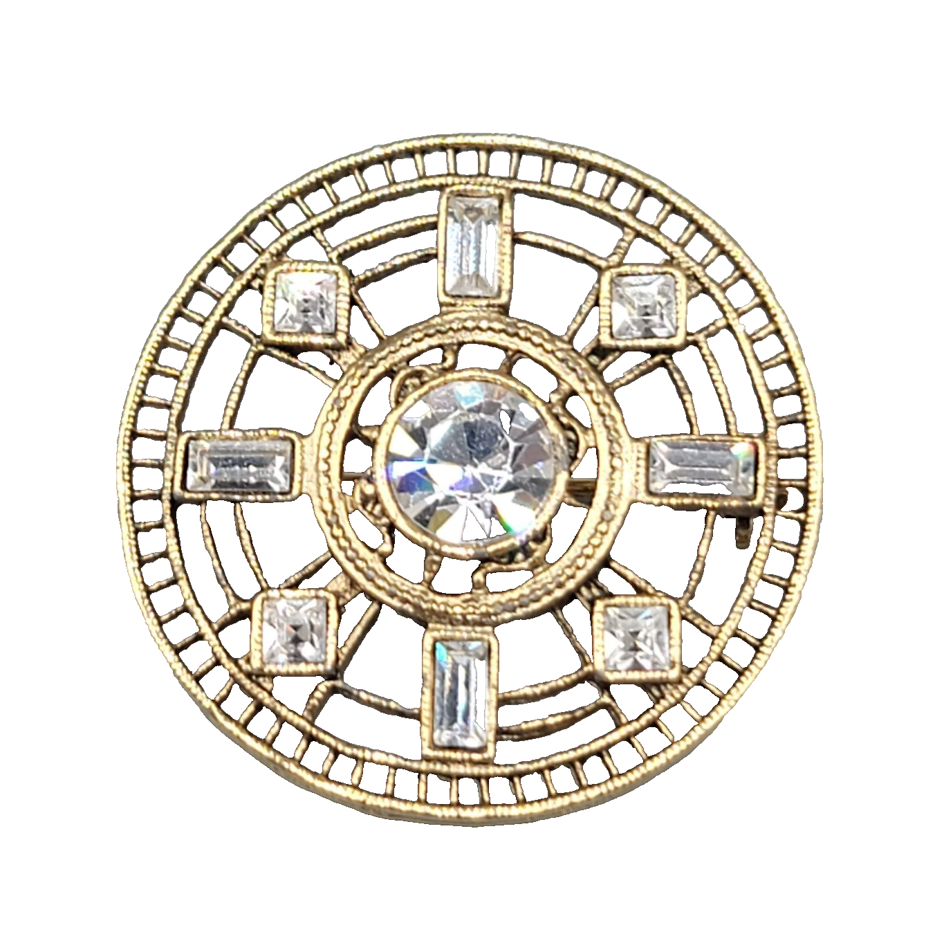 Vintage 1928 Round Open Work Brooch Gold tone Rhinestone 1 3/8 in