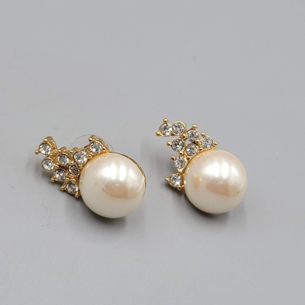Faux Pearl Crystal Rhinestone Pierced Earrings Gold tone Drop 7/8 in
