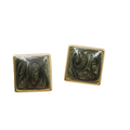 Vintage Pierced Earrings Gold tone Dark Green Enamel Square 3/4"