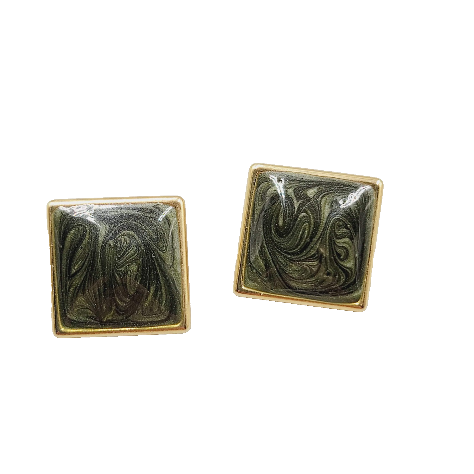 Vintage Pierced Earrings Gold tone Dark Green Enamel Square 3/4"