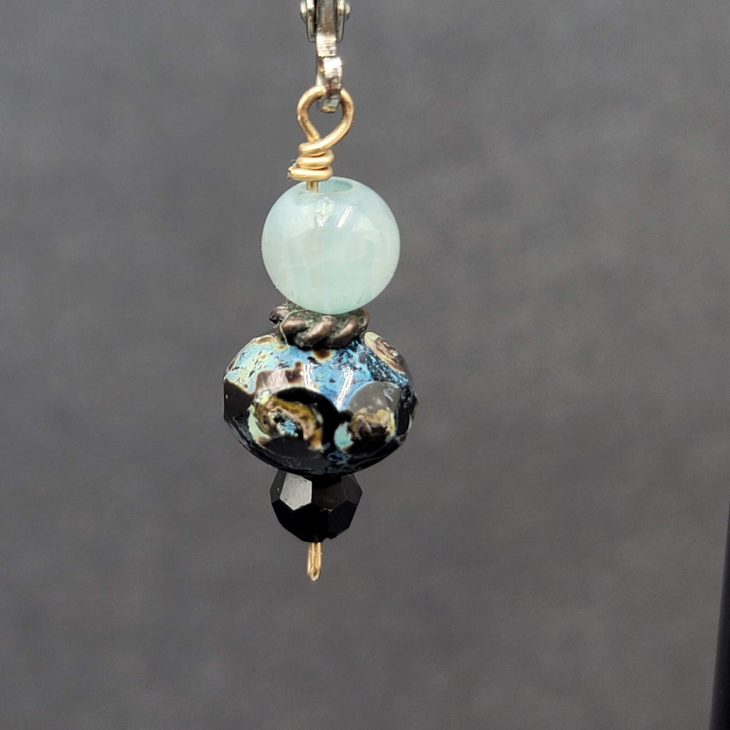 Pierced Earrings Silver tone Blue Stone Bead Dangle 3/4"