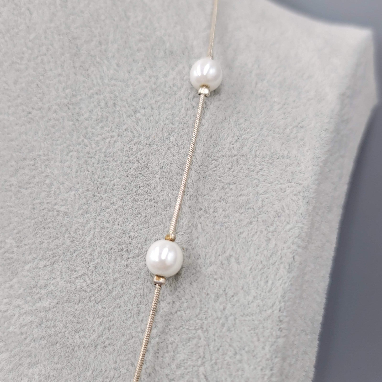 Faux Pearl Bead Station Necklace Silver tone 24 in