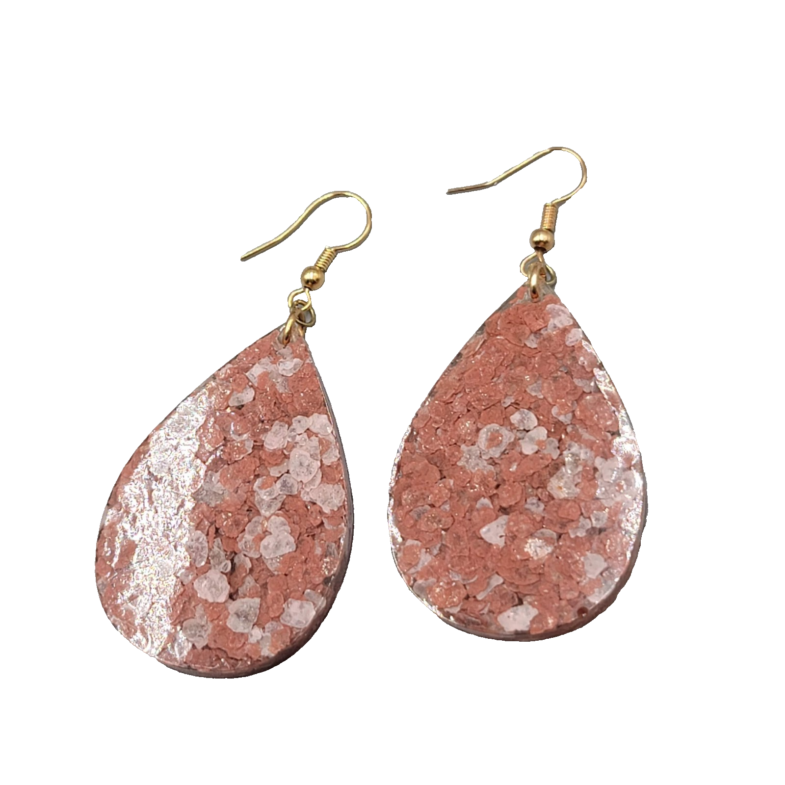 Confetti Resin Teardrop Pierced Earrings Gold tone Dangle Pink Mauve 2 in