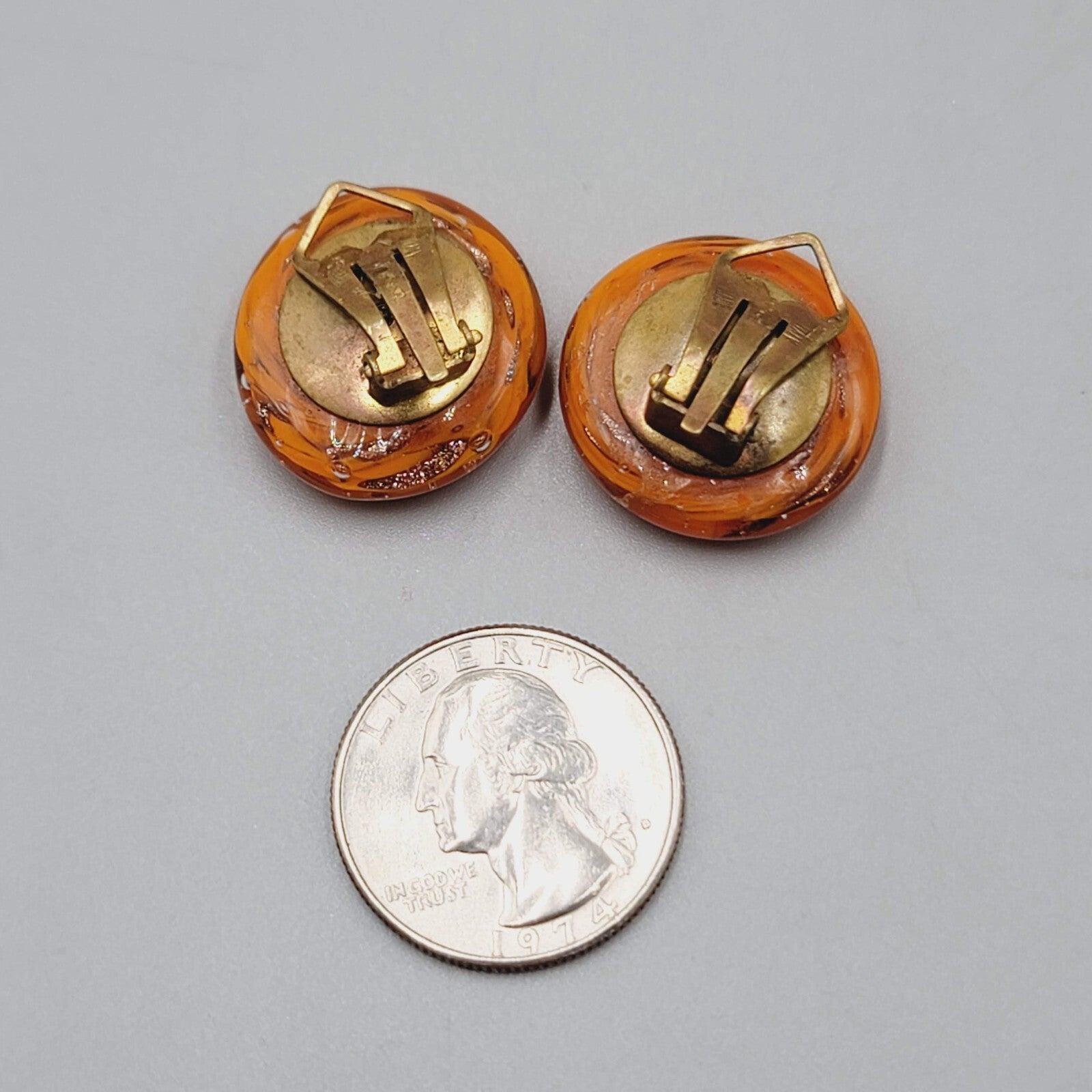 Vintage Italian Art Glass Clip on Earrings Orange Gold Flecks Round 7/8"